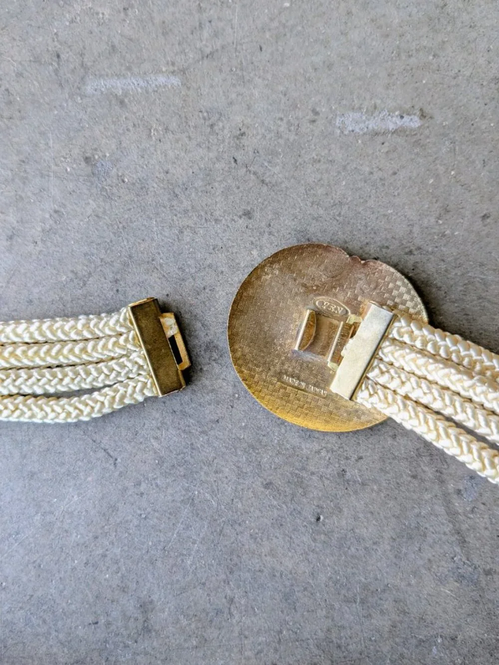 Vintage 1980s Floral Cloisonne Buckle Ivory Gold Rope Belt one size